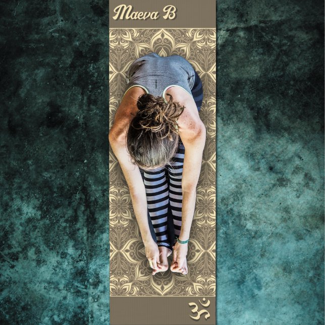Brown Geometric Flowers Pattern Om Symbol Yoga Mat (Creator Uploaded)