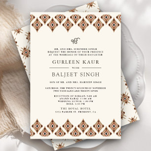 Brown Geometric Ikat Anand Karaj Sikh Wedding Invitation