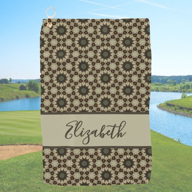 Brown Geometric pattern with custom name ladies  Golf Towel (Creator Uploaded)