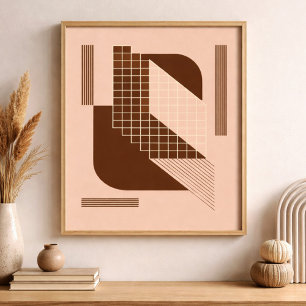 Brown Geometry with White Grid on Beige Background Poster