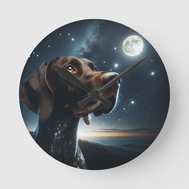 Brown German Shorthaired Pointer Nighttime Sky Round Clock (Front)