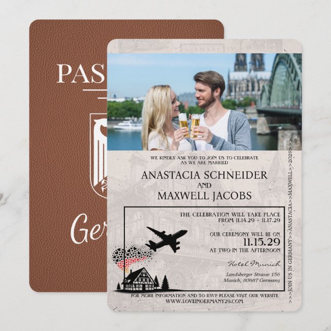 Brown Germany Passport Wedding Invitation (Front/Back)