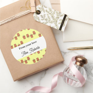 Brown gift boxes with hearts pattern classic round sticker