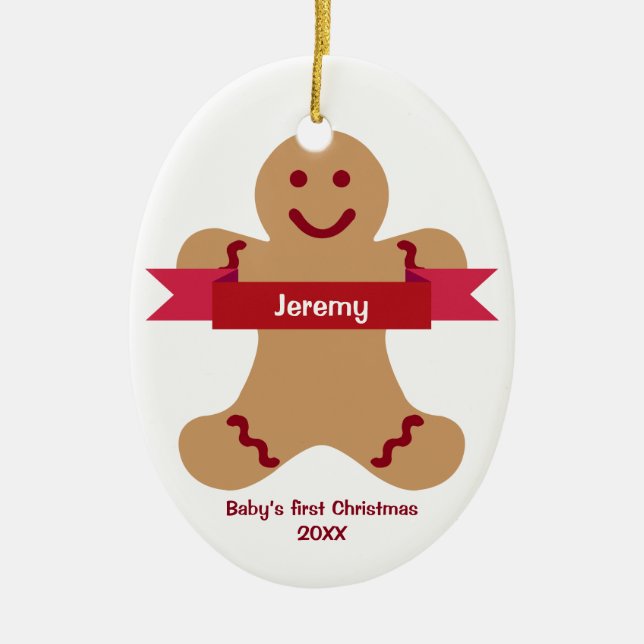 Brown gingerbread kid red banner name baby first ceramic tree decoration (Front)