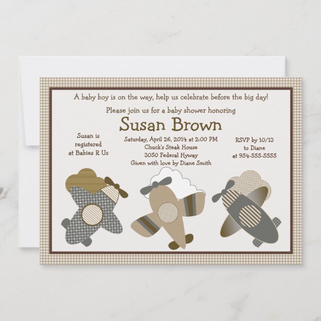 Brown Gingham Aeroplanes Baby Shower Invitation (Front)