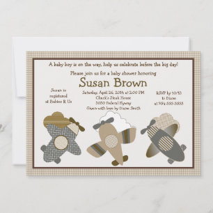 Brown Gingham Aeroplanes Baby Shower Invitation