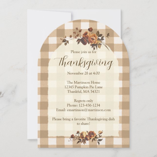 Brown Gingham Autumn Florals Arch Thanksgiving Invitation (Front)