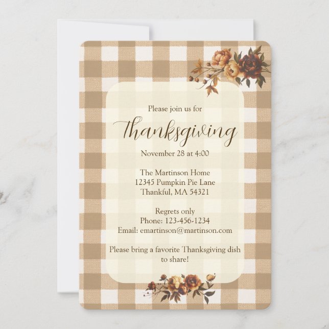 Brown Gingham Autumn Florals Thanksgiving Invitation (Front)