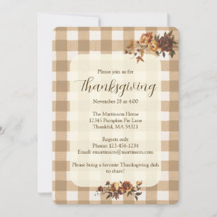Brown Gingham Autumn Florals Thanksgiving Invitation