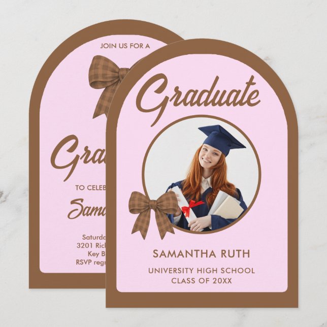Brown Gingham Bow Arch Photo Graduation Party Invitation (Front/Back)