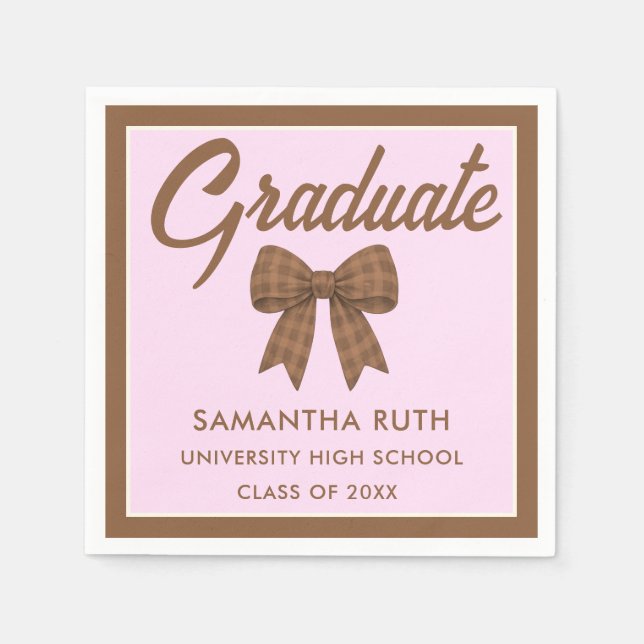 Brown Gingham Bow Graduation Party Napkin (Front)