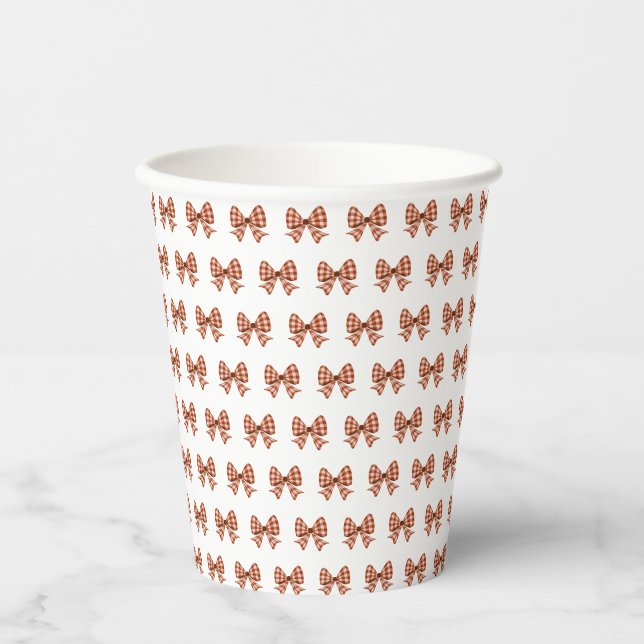 Brown gingham bow pattern paper cups (Front)