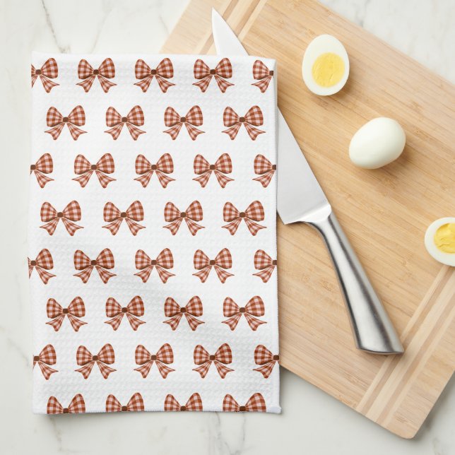 Brown gingham bow pattern  tea towel (Quarter Fold)