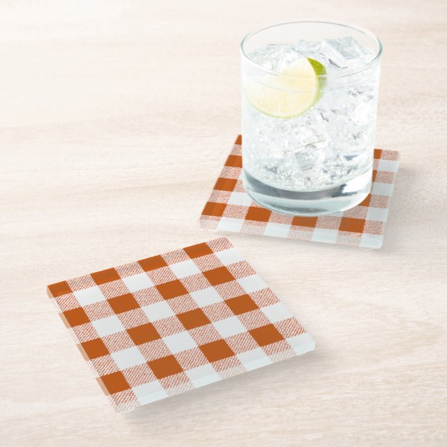 Brown gingham check glass coaster (Angled)
