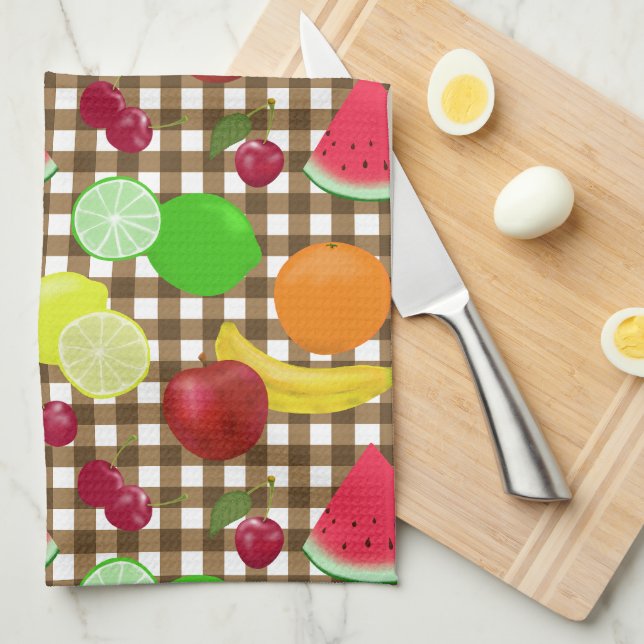 Brown Gingham Check with Fruit Pattern Tea Towel (Quarter Fold)