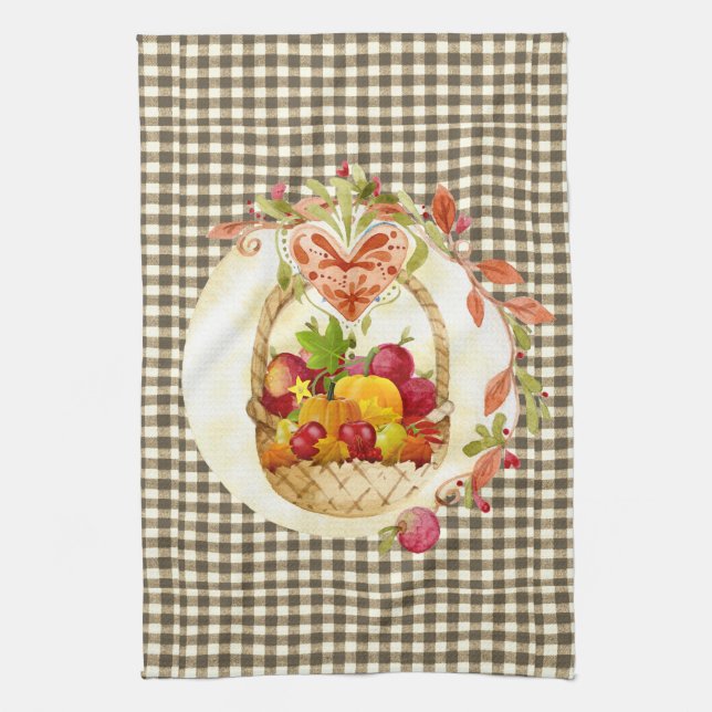 Brown Gingham  Fall Harvest Basket Tea Towel (Vertical)