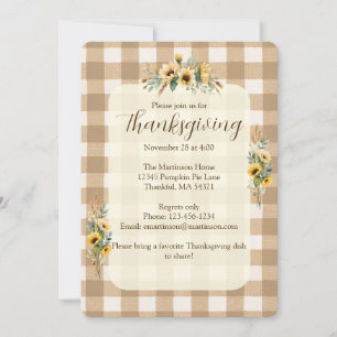 Brown Gingham Fall Sunflowers Thanksgiving Invitation