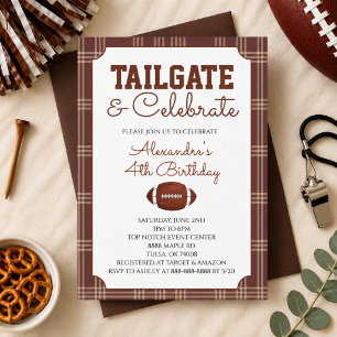 Brown Gingham Football Tailgate Birthday Party Invitation