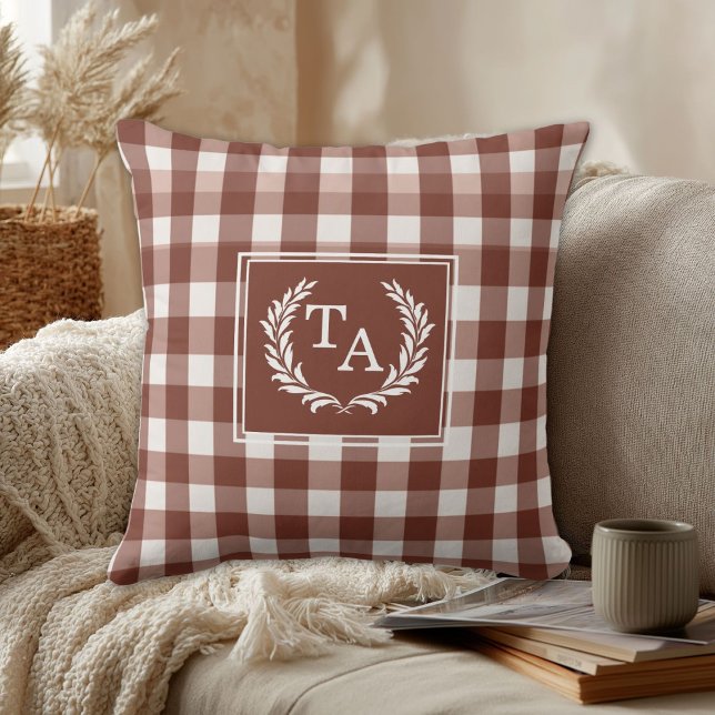 Brown Gingham Monogram Crest Cushion (Brown Gingham Monogram Crest Custom Throw Pillow)