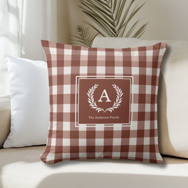 Brown Gingham Monogram Crest Cushion (Brown Gingham Monogram Crest Throw Pillow)