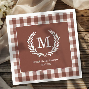 Brown Gingham Monogram Crest Custom Napkin