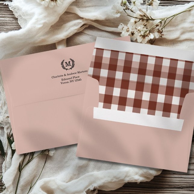 Brown Gingham Monogram Crest Envelope (Brown Gingham Monogram Crest Custom Envelope with your Initial, Names & Address - 6 Colors.)