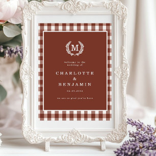 Brown Gingham Monogram Crest Wedding Welcome Poster