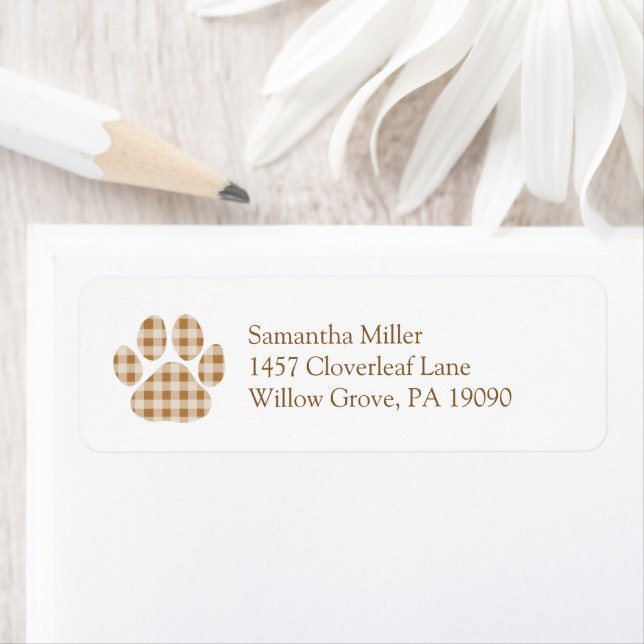 Brown Gingham Paw Print Return Address Label (Insitu)
