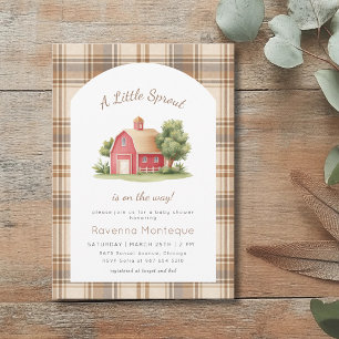 Brown Gingham Red Barn Little Sprout Baby Shower Invitation