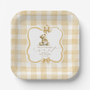Brown Gingham Teddy Bear Boy Baby Shower Paper Plate
