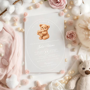 Brown Gingham Teddy Bear Neutral Baby Shower Paper Acrylic Invitations