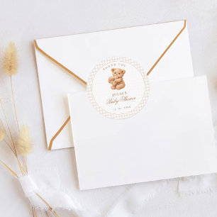 Brown Gingham Teddy Bear Neutral Baby Shower Paper Classic Round Sticker