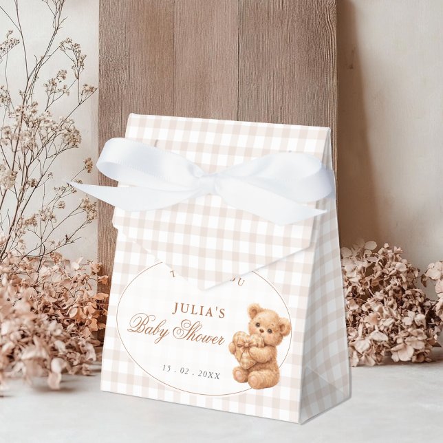 Brown Gingham Teddy Bear Neutral Baby Shower Paper Favour Box (Creator Uploaded)