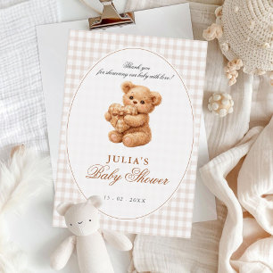 Brown Gingham Teddy Bear Neutral Baby Shower Paper Invitation