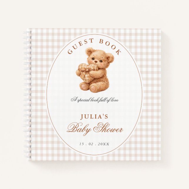 Brown Gingham Teddy Bear Neutral Baby Shower Paper Notebook (Front)