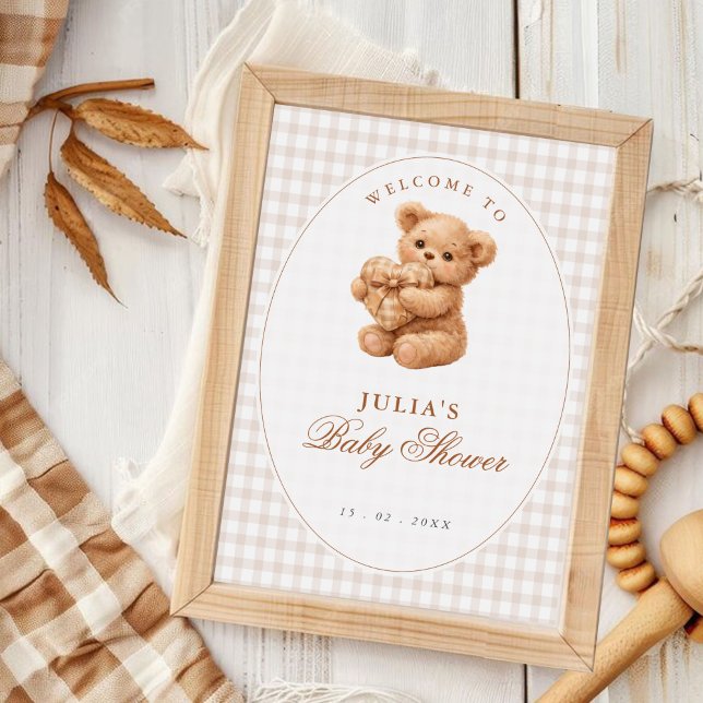 Brown Gingham Teddy Bear Neutral Baby Shower Paper Poster (Creator Uploaded)