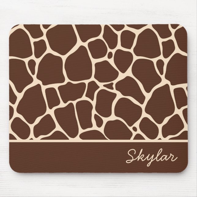 Brown Giraffe Animal Print Custom Cursive Name Mouse Mat (Front)