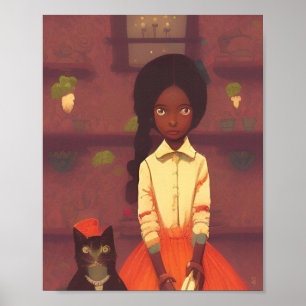 Brown girl and cat robots orange skirt poster