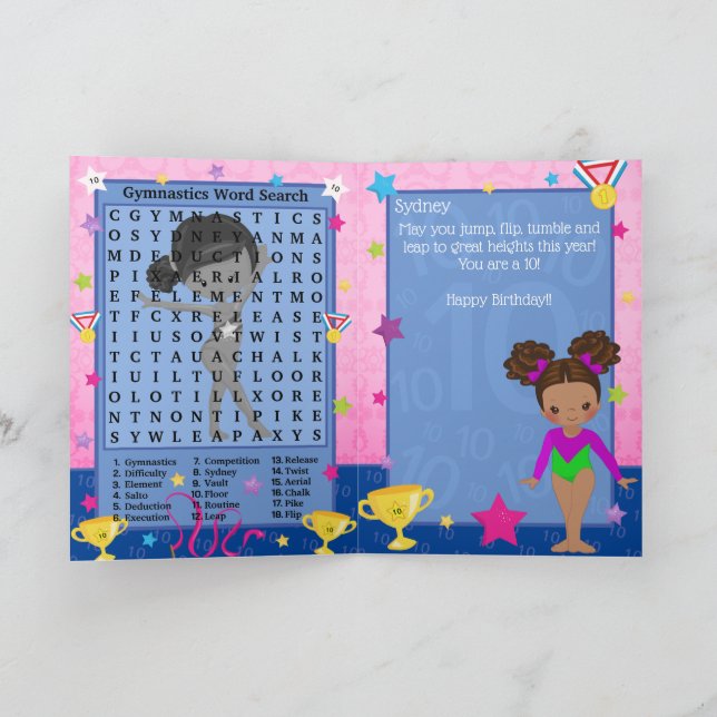 Brown Girls Gymnastics Word Search Happy Birthday Card (Inside)