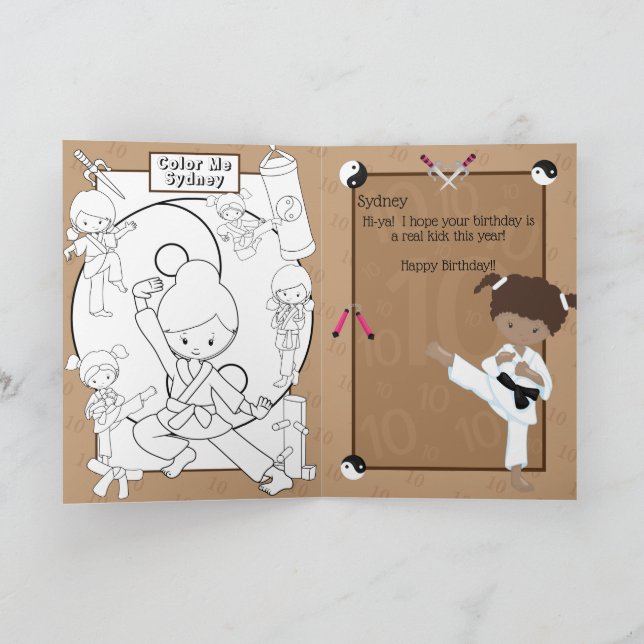 Brown Girls Karate Colouring Page Happy Birthday Card (Inside)