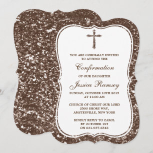 Brown Glitter Cross Holy Communion Confirmation Invitation