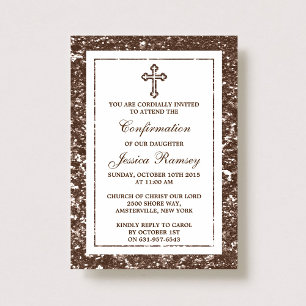 Brown Glitter Cross Holy Communion / Confirmation Invitation