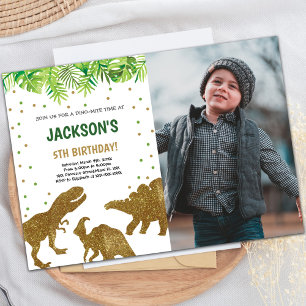 Brown Glitter Dinosaur Birthday Invitations photo
