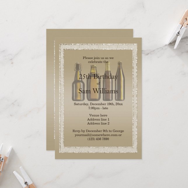 Brown Glitters & Birthday Beers Invitation (Front/Back In Situ)