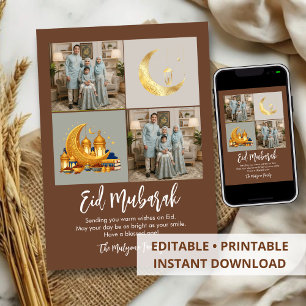 Brown Gold 2 Photo Grid Eid Mubarak Family Photo Holiday Card