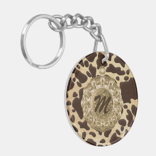 Brown & Gold Animal Print Antique Charm Initial Key Ring