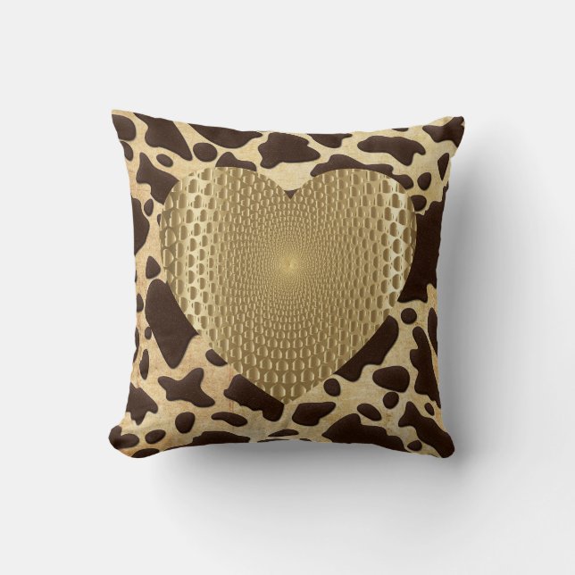 Brown & Gold Animal Print Golden Prismatic Heart Cushion (Front)