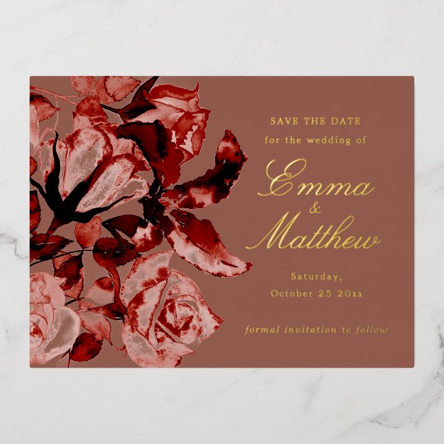 Brown Gold Bohemian Garden Wedding Save the Date Foil Holiday Postcard (Front)