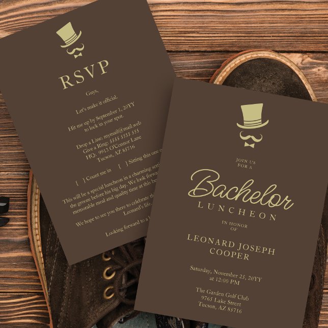 Brown Gold Chic Funny Gentleman Bachelor Luncheon Invitation (Brown & Fake Gold Chic Funny Gentleman Bachelor Luncheon Invitation with Envelope.)