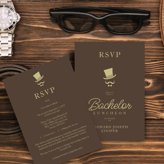 Brown Gold Chic Funny Gentleman Bachelor Luncheon RSVP Card (Brown & Fake Gold Chic Funny Gentleman Bachelor Luncheon RSVP Card.)